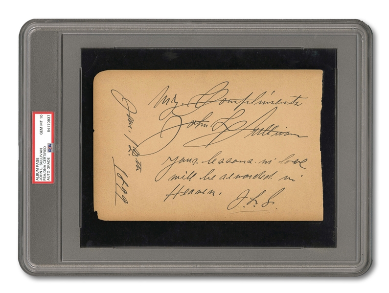 1899 JOHN L. SULLIVAN IMMACULATELY HANDWRITTEN AND SIGNED ALBUM PAGE (PSA/DNA GEM MINT 10)