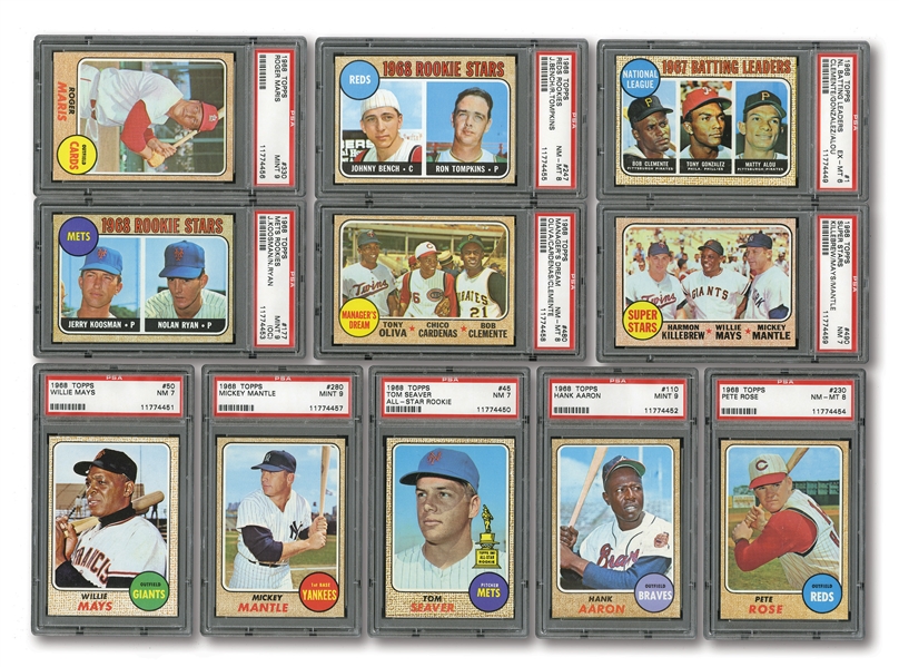 HIGH-GRADE 1968 TOPPS BASEBALL COMPLETE SET OF (598) WITH 11 PSA GRADED NOTABLES INCL.#280 MANTLE PSA MINT 9