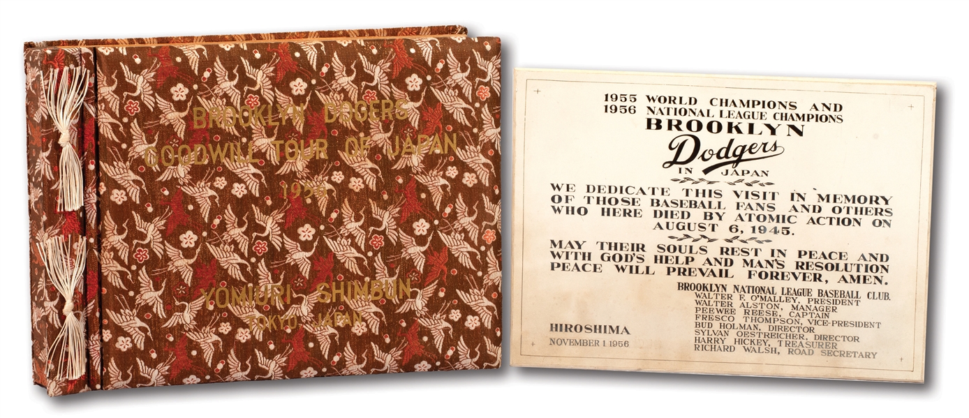 1956 BROOKLYN DODGERS TOUR OF JAPAN OFFICIAL TEAM PHOTO ALBUM AND HIROSHIMA IN MEMORIAM PLAQUE