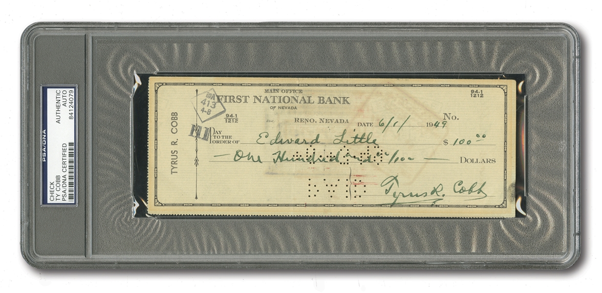 1949 TY COBB SIGNED BANK CHECK (PSA/DNA AUTHENTIC)