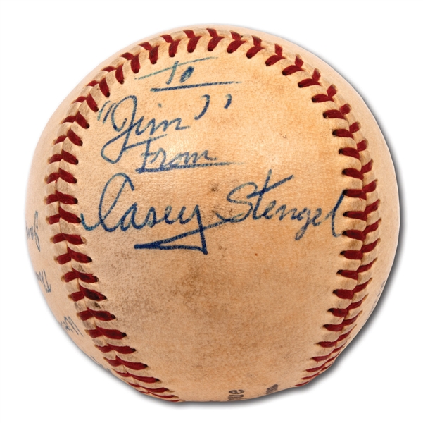 1958 WORLD SERIES (YANKEES/BRAVES) "FIRST BALL THROWN OUT" SIGNED BY MANAGERS FRED HANEY AND CASEY STENGEL (PSA/DNA 8 AUTO. GRADE)