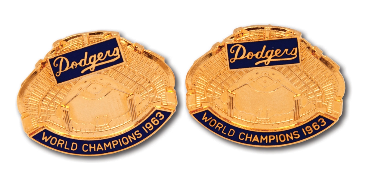 1963 LOS ANGELES DODGERS CUFFLINKS WITH 63 WORLD SERIES PRESS PIN DESIGN