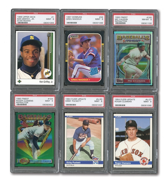 1983-93 CARD LOT OF (12) HALL OF FAMERS & STARS WITH (5) PSA MINT 9 INCL. 1984 FLEER UPDATE PUCKETT & CLEMENS ROOKIES AND 1993 TOPPS FINEST REFRACTORS CLEMENS