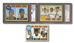 1968 TOPPS #177 NOLAN RYAN ROOKIE (PSA VG-EX 4), #490 SUPERSTARS KILLEBREW/MAYS/MANTLE PSA NM 7, AND #5 NL HR LEADERS AARON/McCOVEY