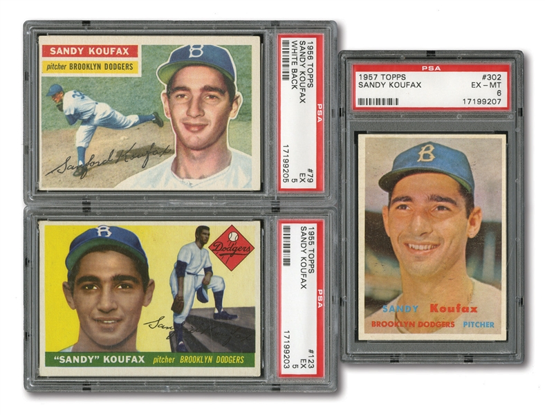 1955, 1956 AND 1957 TOPPS SANDY KOUFAX TRIO OF PSA GRADED CARDS