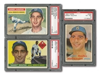 1955, 1956 AND 1957 TOPPS SANDY KOUFAX TRIO OF PSA GRADED CARDS