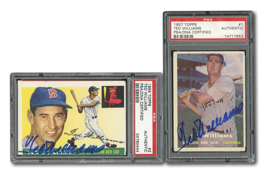 1955 AND 1957 TOPPS TED WILLIAMS PAIR OF AUTOGRAPHED CARDS (BOTH PSA/DNA AUTHENTIC)