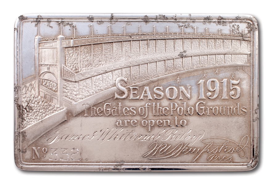 SCARCE 1915 NEW YORK GIANTS SEASON PASS TO THE POLO GROUNDS - ISSUED TO JAMES WHITCOMB RILEY (FAMOUS POET)