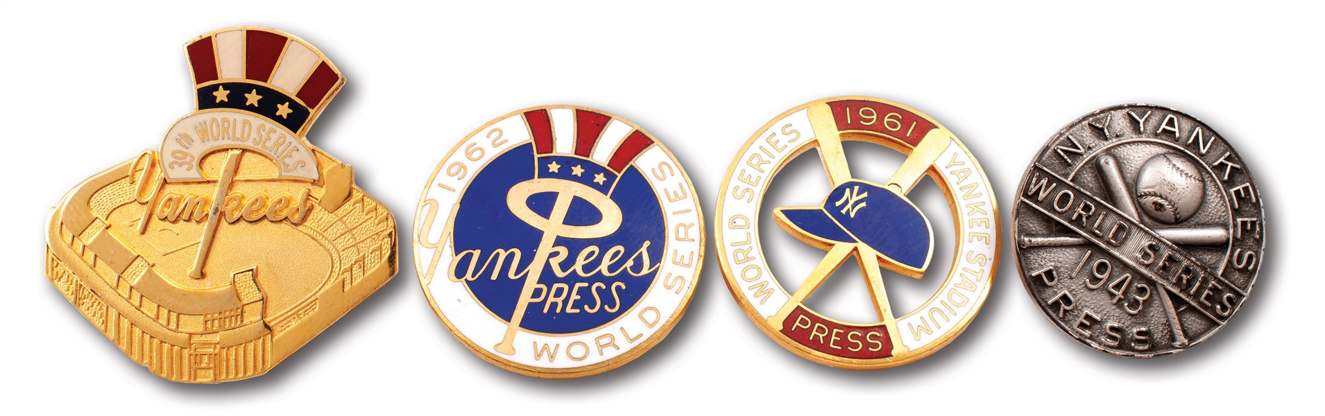 1943, 1961, 1962 & 2003 NEW YORK YANKEES WORLD SERIES PRESS PINS LOT OF (4)