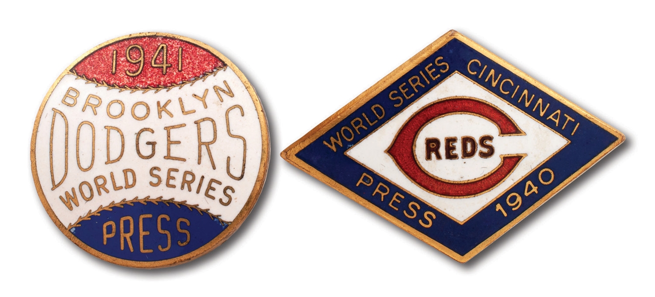 PAIR OF 1940 CINCINNATI REDS AND 1941 BROOKLYN DODGERS WORLD SERIES PRESS PINS