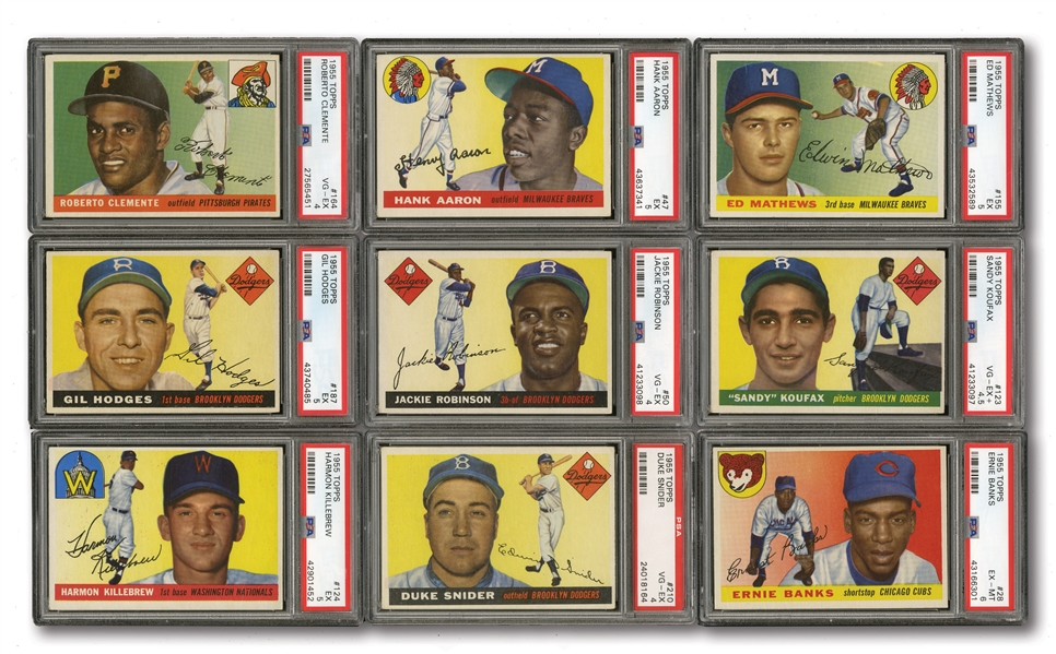 1955 TOPPS BASEBALL COMPLETE SET OF (206) WITH 16 PSA GRADED INCL. CLEMENTE, KOUFAX & KILLEBREW ROOKIES