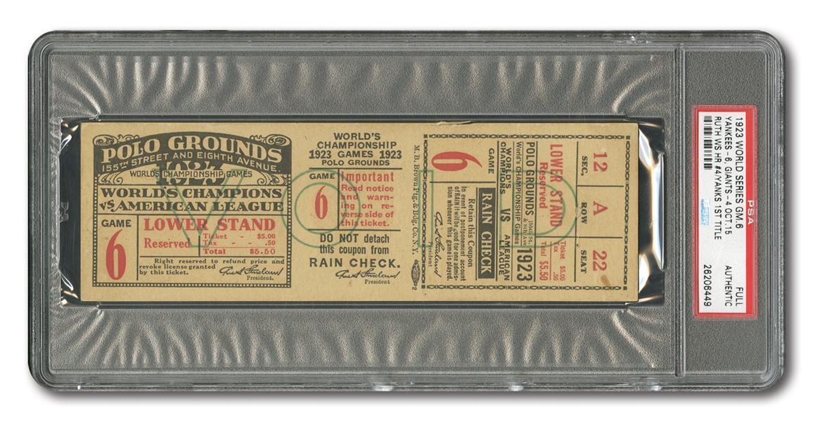 1923 WORLD SERIES (YANKEES AT GIANTS) GAME 6 FULL TICKET: NYY CLINCH 1ST W.S. TITLE! - PSA AUTHENTIC (1 OF 3 EVER ENCAPSULATED)