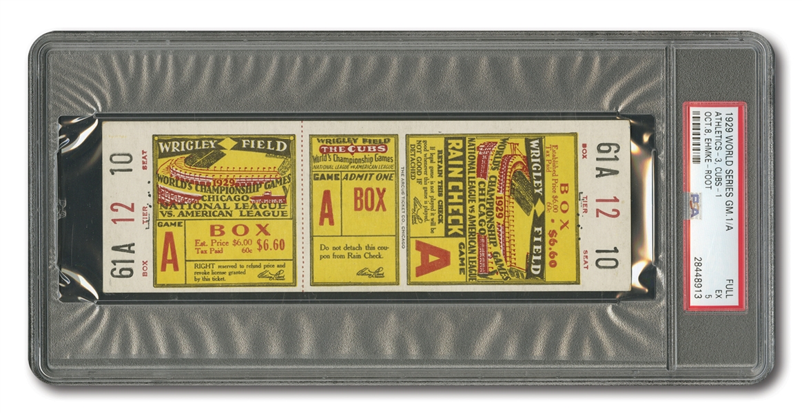 1929 WORLD SERIES (ATHLETICS AT CUBS) GAME 1 FULL TICKET - PSA EX 5 (ONLY ONE HIGHER)