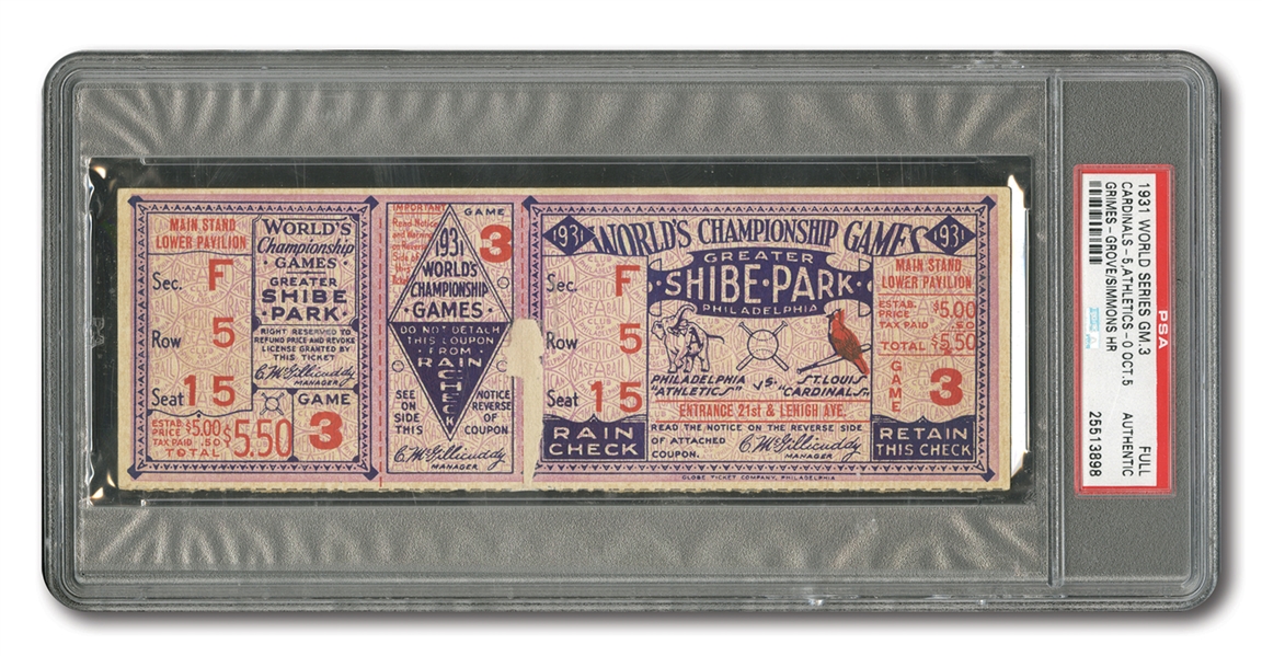 1931 WORLD SERIES (CARDINALS AT ATHLETICS) GAME 3 FULL TICKET - PSA AUTHENTIC (ONLY TWO EVER ENCAPSULATED)