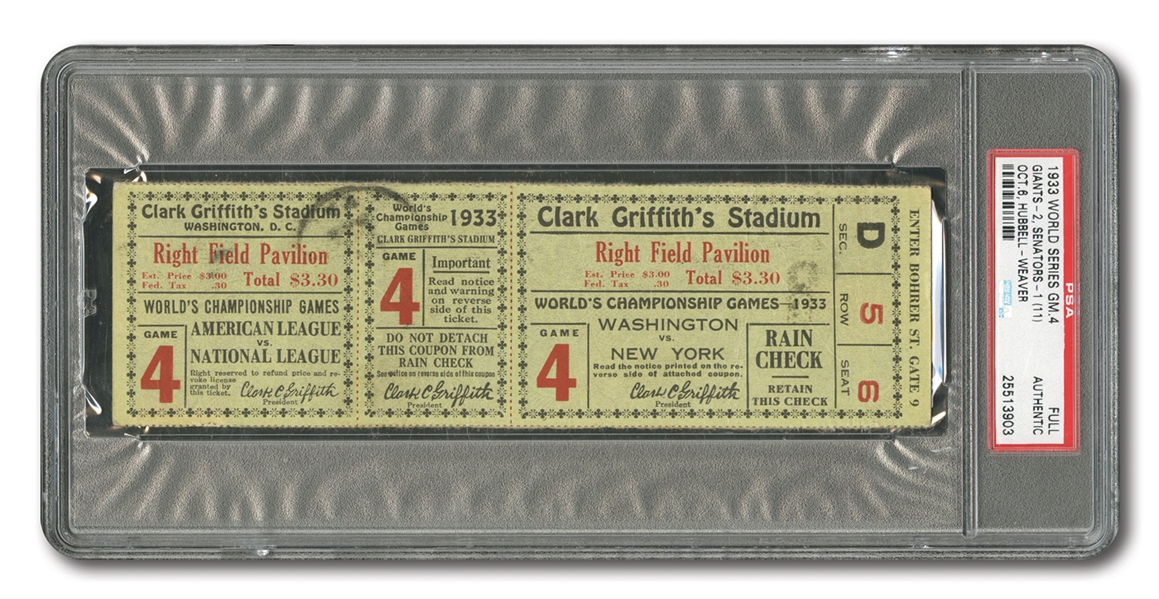 1933 WORLD SERIES (GIANTS AT SENATORS) GAME 4 FULL TICKET - PSA AUTHENTIC (ONLY TWO ENCAPSULATED)