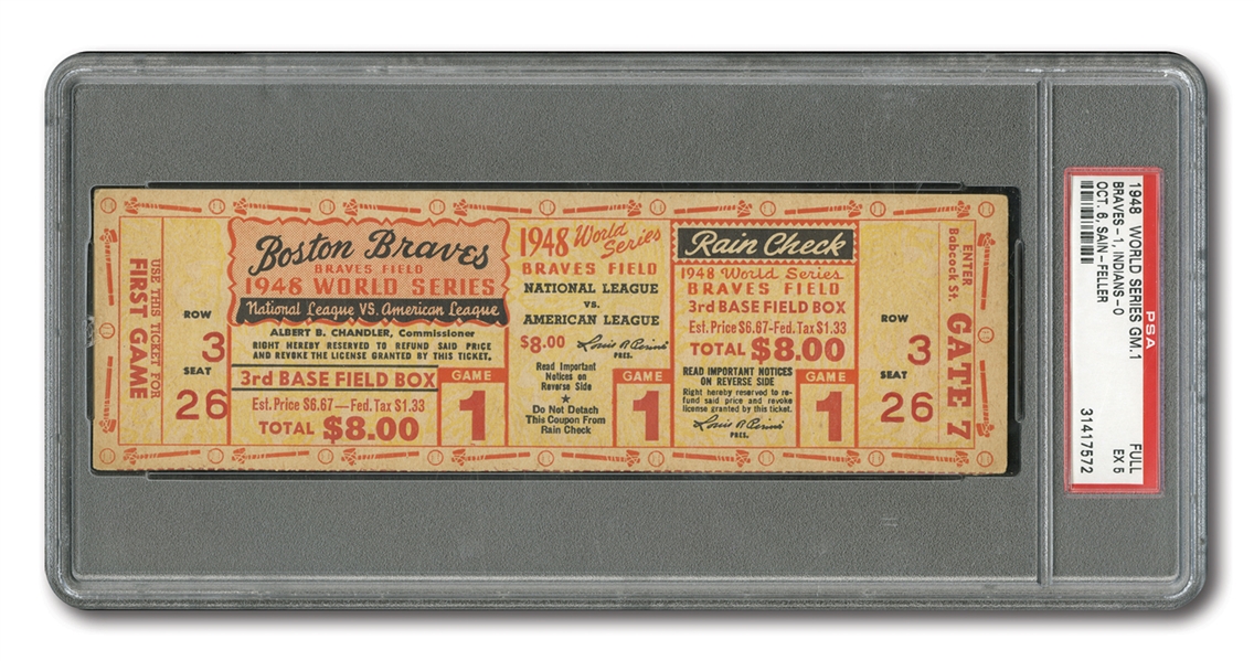 1948 WORLD SERIES (INDIANS AT BRAVES) GAME 1 FULL TICKET - PSA EX 5