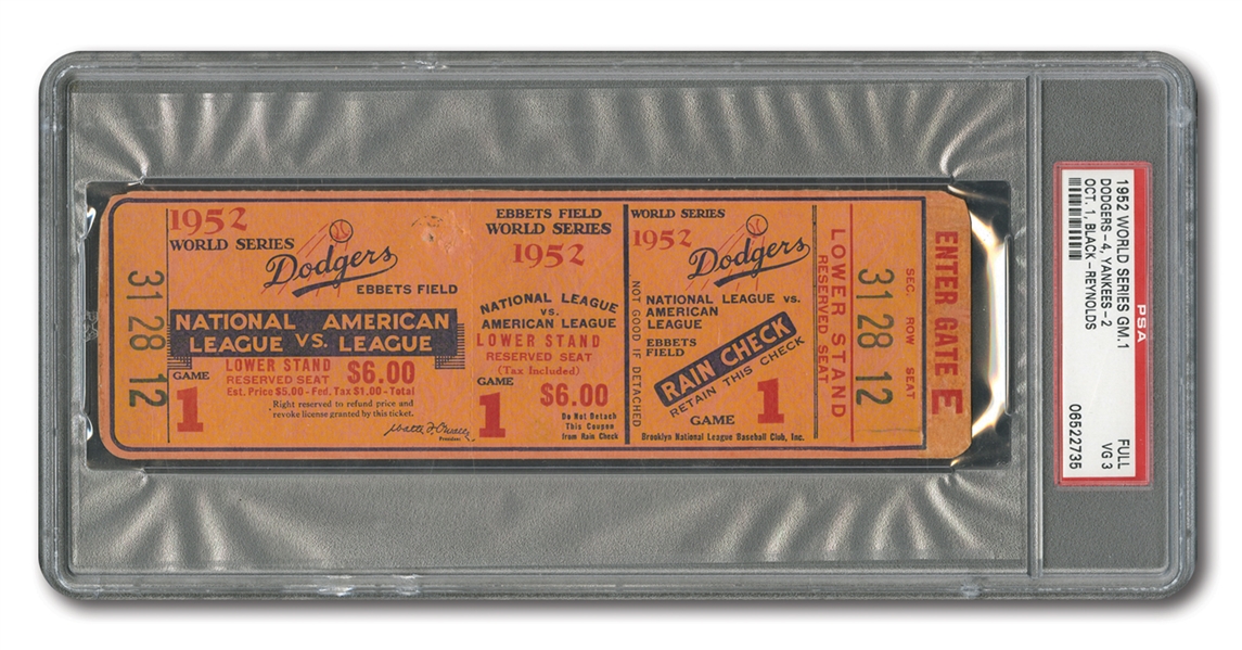 1952 WORLD SERIES (YANKEES AT DODGERS) GAME 1 FULL TICKET (JACKIE ROBINSONS 1ST W.S. HR) - PSA VG 3 (NONE HIGHER, 1/2)