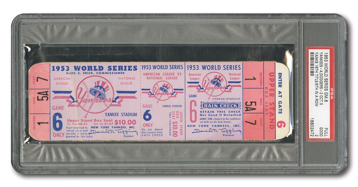 1953 WORLD SERIES (YANKEES VS. DODGERS) GAME 6 FULL TICKET (NYY CLINCH RECORD 5TH STRAIGHT W.S. TITLE) - PSA GD 2