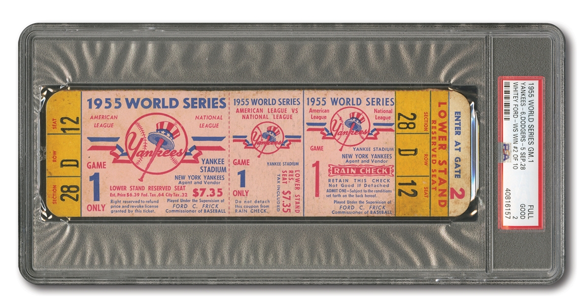 1955 WORLD SERIES (DODGERS AT YANKEES) GAME 1 FULL TICKET (JACKIE STEALS HOME) - PSA GD 2