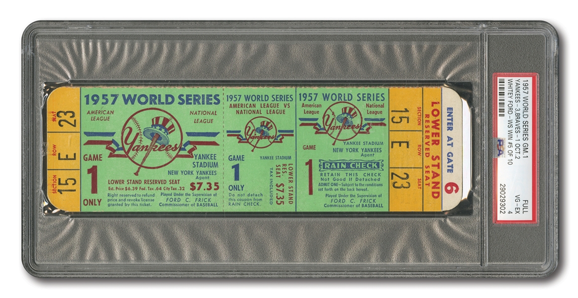 1957 WORLD SERIES (BRAVES AT YANKEES) GAME 1 FULL TICKET - PSA VG-EX 4