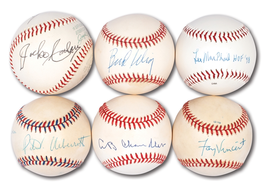 LOT OF (6) MLB COMMISSIONER, LEAGUE PRESIDENTS & UMPIRE SIGNED BASEBALLS - FIVE SINGLES, ONE DUAL