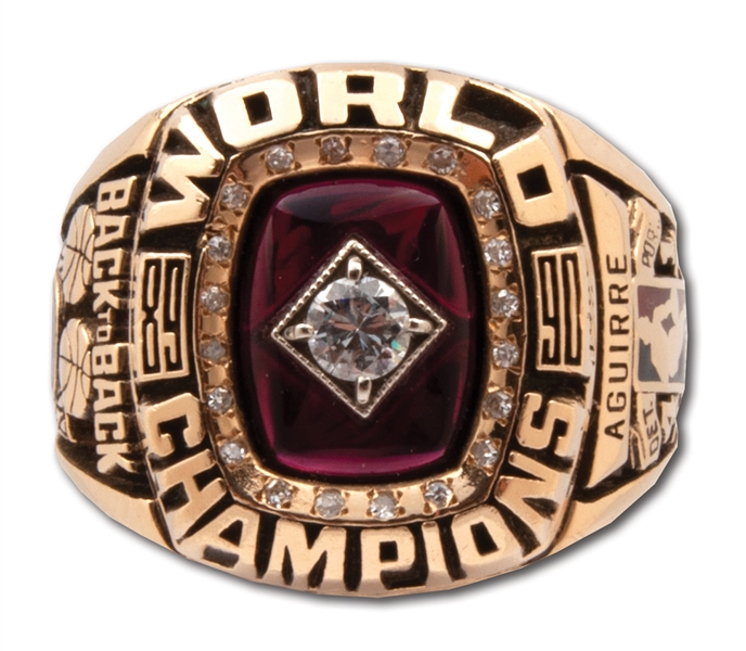 1989-90 MARK AGUIRRE DETROIT PISTONS BACK-TO-BACK WORLD CHAMPIONS 14K GOLD RING FITTED FOR HIS WIFE