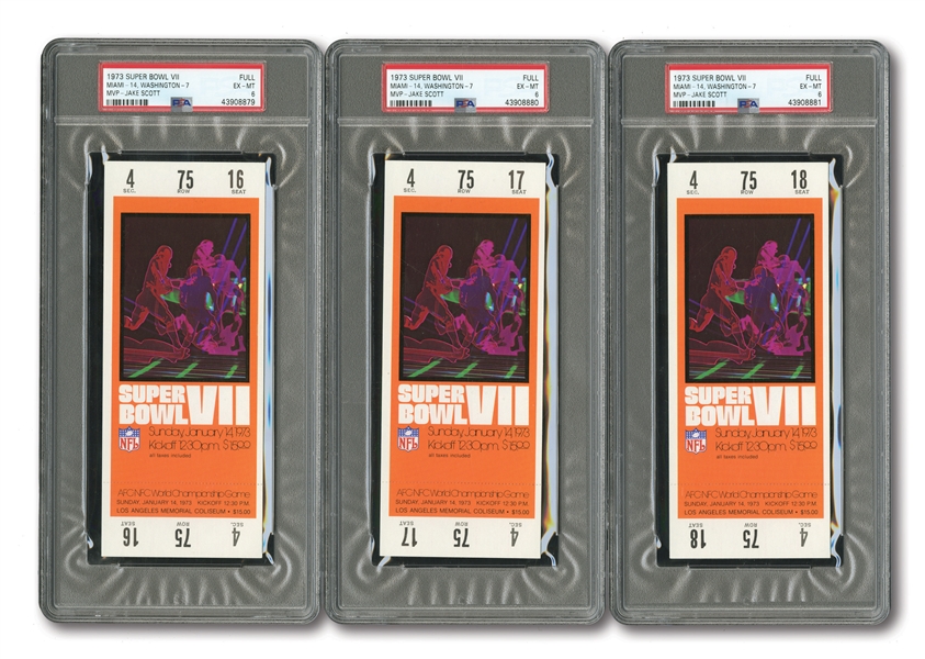 LOT OF (3) 1973 SUPER BOWL VII (DOLPHINS 14, REDSKINS 7) FULL TICKETS - MIAMI COMPLETES ONLY PERFECT SEASON IN NFL HISTORY! (ALL PSA EX-MT 6)