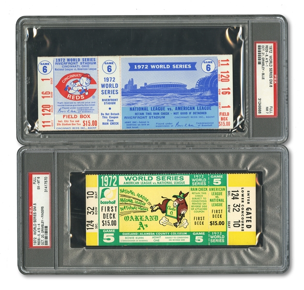 1972 WORLD SERIES (REDS/AS) PAIR OF FULL TICKETS - GAME 5 @ OAK (PSA EX-MT 6) AND GAME 6 @ CIN (PSA NM 7)