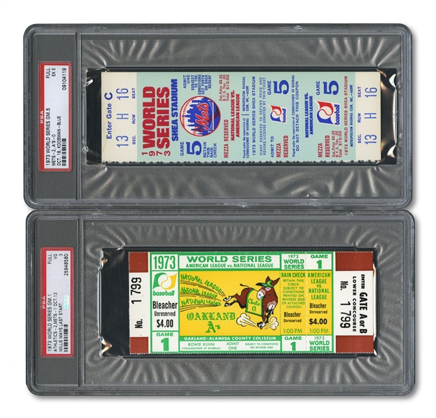 1973 WORLD SERIES (AS/METS) PAIR OF FULL TICKETS - GAME 1 @ OAK (PSA VG 3) AND GAME 5 @ NY (PSA EX 5)