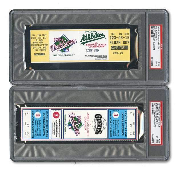 1989 WORLD SERIES (AS/GIANTS) PAIR OF FULL TICKETS - GAME 1 @ OAK (PSA MINT 9) AND "EARTHQUAKE" GAME 3 @ SF (PSA EX-MT 6)