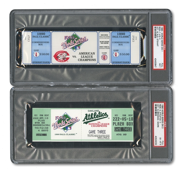 1990 WORLD SERIES (AS/REDS) PAIR OF FULL TICKETS - GAME 1 @ CIN (PSA NM 7) AND GAME 3 @ OAK (PSA EX-MT 6)
