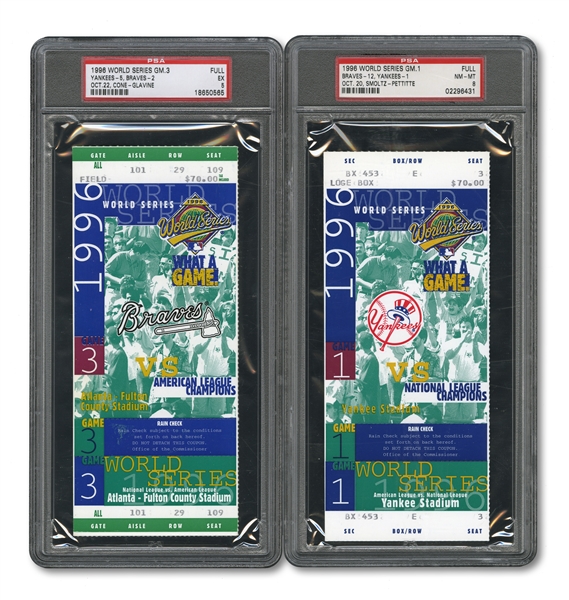 1996 WORLD SERIES (BRAVES/YANKEES) PAIR OF FULL TICKETS - GAME 1 @ NY (PSA NM-MT 8) AND GAME 3 @ ATL (PSA EX 5)