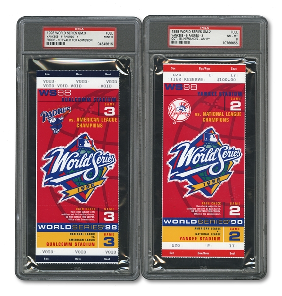 1998 WORLD SERIES (YANKEES/PADRES) PAIR OF FULL TICKETS - GAME 2 @ NY (PSA NM-MT 8) AND GAME 3 @ SD (PSA MINT 9)