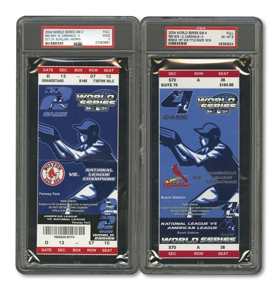2004 WORLD SERIES (RED SOX/CARDINALS) PAIR OF FULL TICKETS - GAME 2 @ BOS (PSA GD 2) AND RED SOX W.S. CLINCHER GAME 4 @ STL (PSA EX-MT 6)