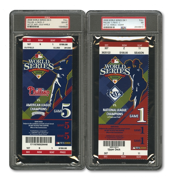 2008 WORLD SERIES (PHILLIES/RAYS) PAIR OF FULL TICKETS - GAME 1 @ TB (PSA NM 7) AND GAME 5 CLINCHER @ PHI (PSA GEM-MT 10)