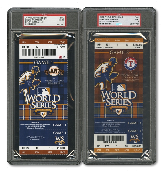 2010 WORLD SERIES (GIANTS/RANGERS) PAIR OF FULL TICKETS - GAME 1 @ SF (PSA EX-MT 6) AND GAME 3 @ TEX (PSA MINT 9)
