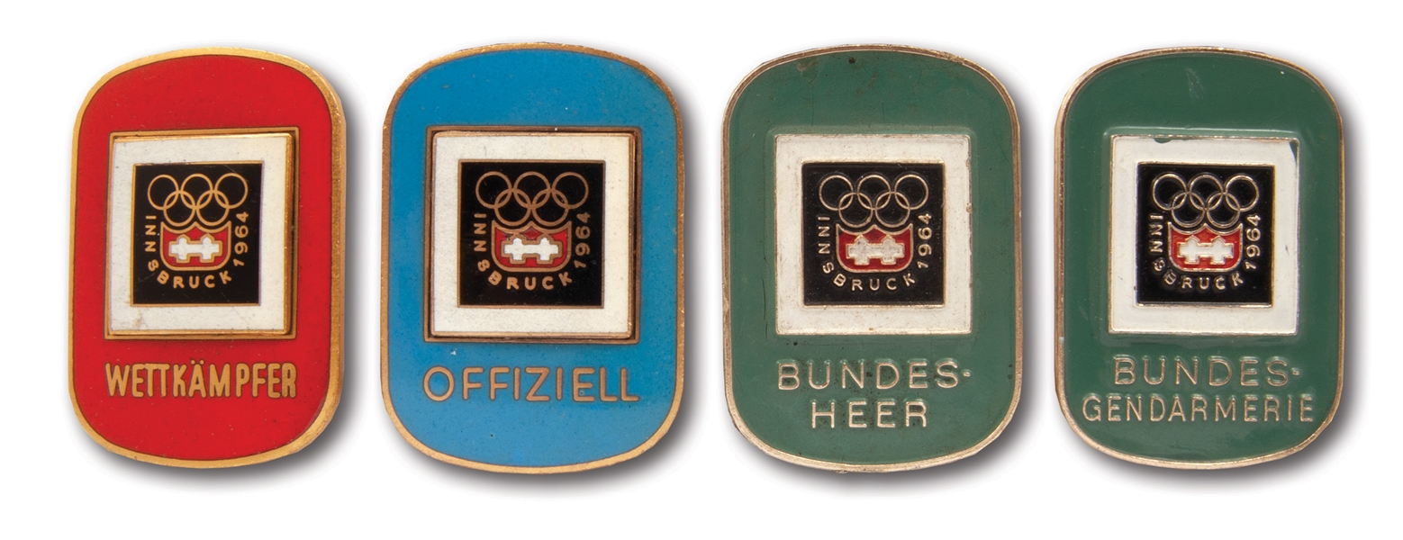 LOT OF (4) 1964 INNSBRUCK WINTER OLYMPICS BADGES: OFFICIAL, PARTICIPANT, FEDERAL POLICE & FEDERAL ARMY