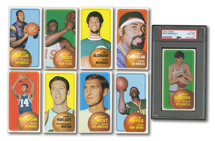 1970-71 TOPPS BASKETBALL COMPLETE SET INCL. #123 MARAVICH RC (PSA NM-MT 8) PLUS 1976-77 TOPPS COMPLETE SET