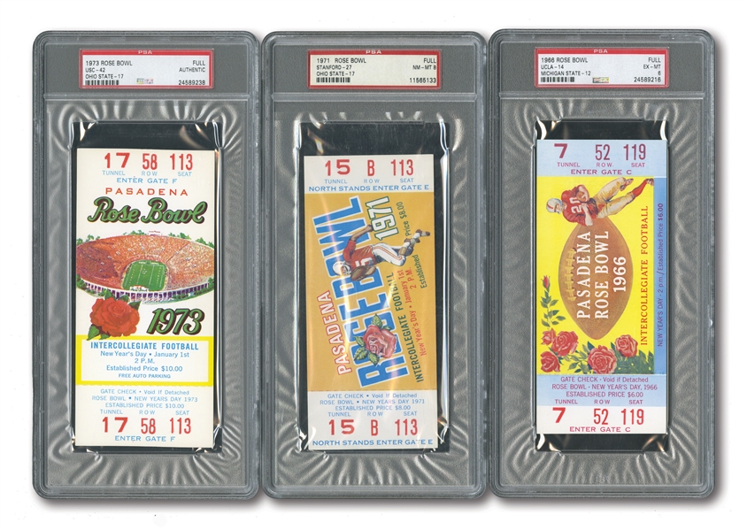 1966-76 ROSE BOWL GROUP OF (6) PSA GRADED FULL TICKETS WITH THREE PSA NM-MT 8 EXAMPLES