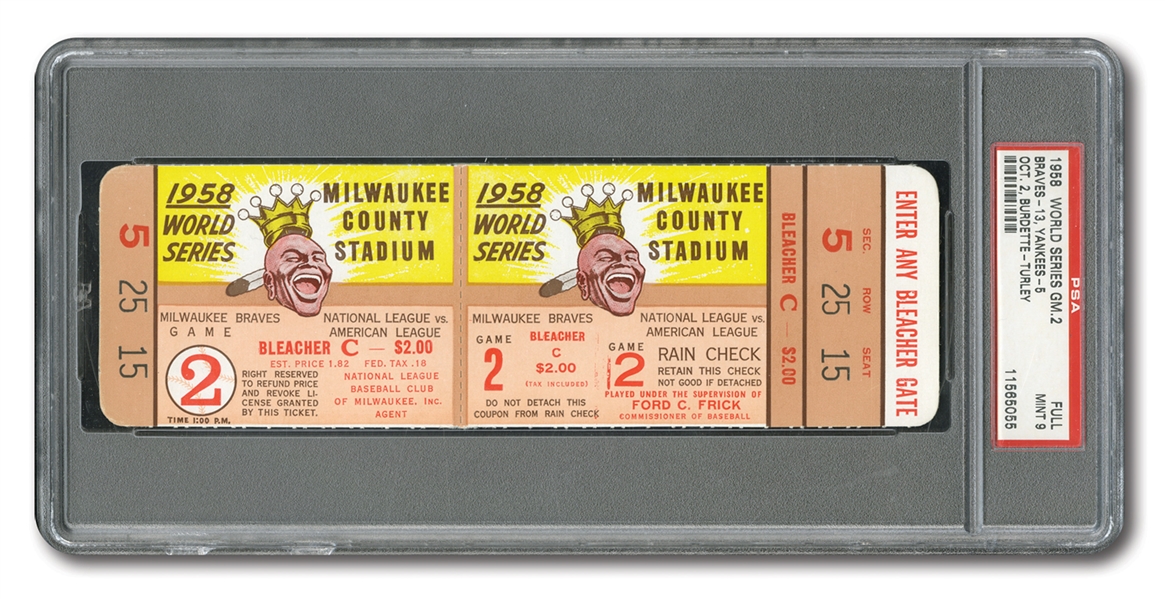 1958 WORLD SERIES (YANKEES AT BRAVES) GAME 2 FULL TICKET (MANTLES 10TH & 11TH W.S HRS) - PSA MINT 9