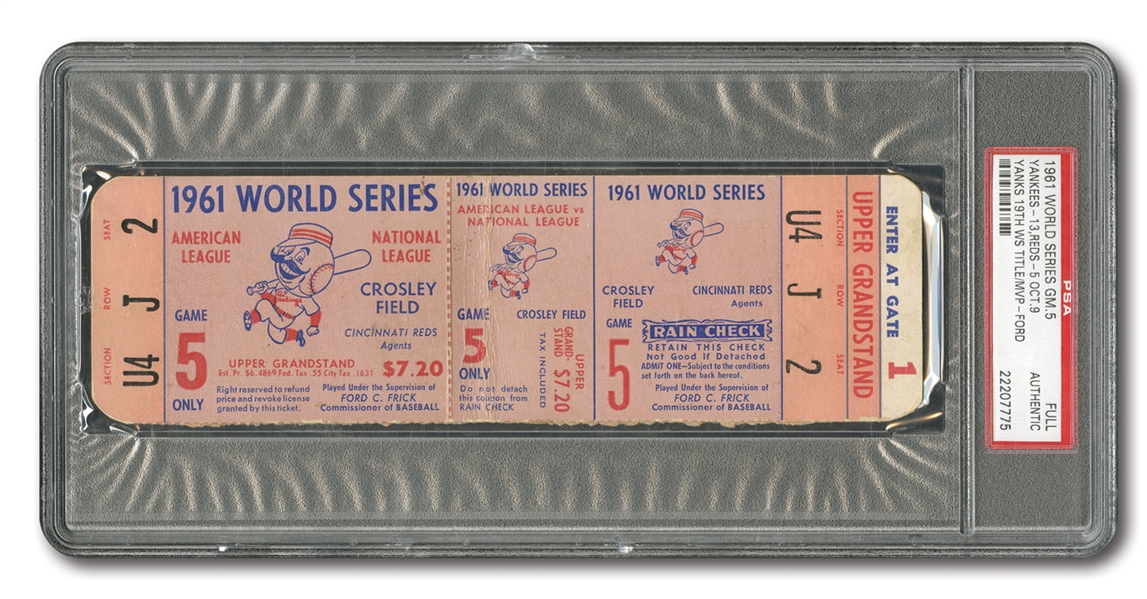 1961 WORLD SERIES (YANKEES VS. REDS) GAME 5 FULL TICKET - PSA AUTHENTIC