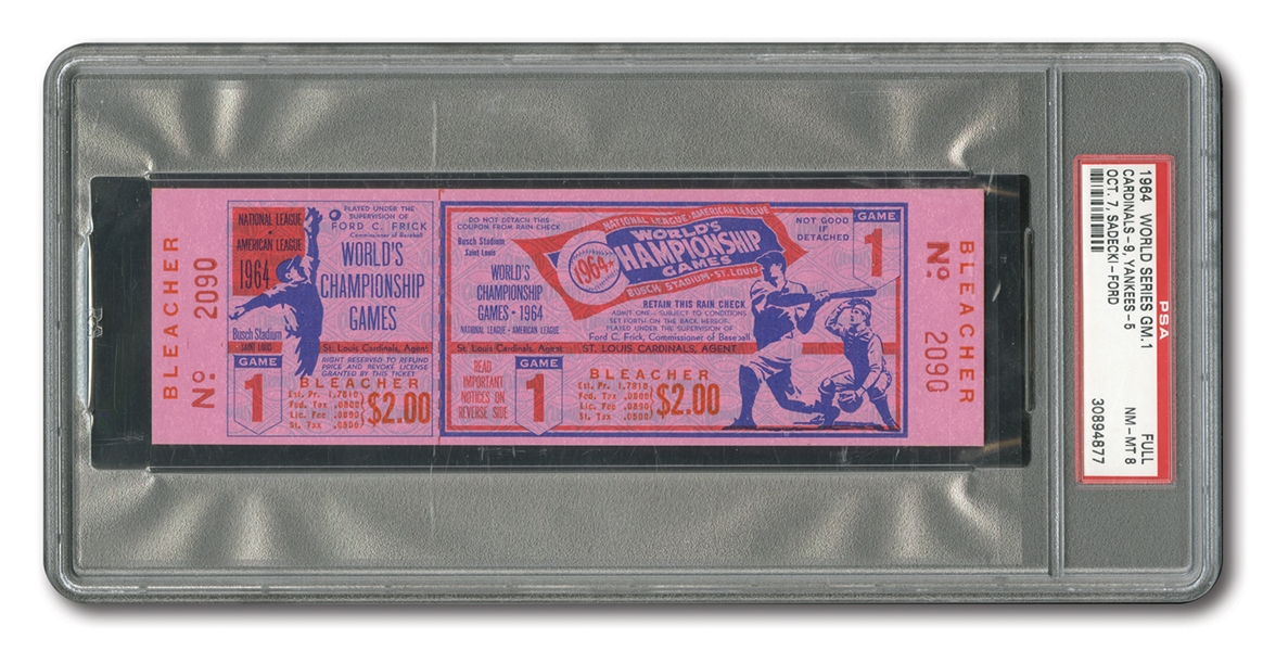 1964 WORLD SERIES (CARDINALS VS. YANKEES) GAME 1 FULL TICKET - PSA NM-MT 8 (NONE HIGHER)