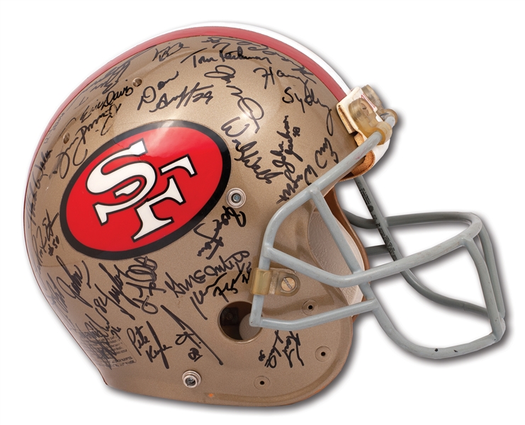1989-90 JERRY RICE SAN FRANCISCO 49ERS GAME WORN AND TEAM-SIGNED HELMET FROM SUPER BOWL XXIV WINNING SEASON (RICE LOA, TEAMMATE PROVENANCE)