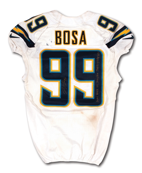 11/27/2016 JOEY BOSA SIGNED & INSCRIBED SAN DIEGO CHARGERS (ROOKIE SEASON) GAME WORN JERSEY @ HOU - POUNDED & PHOTO-MATCHED (CHARGERS COA, FANATICS AUTH.)