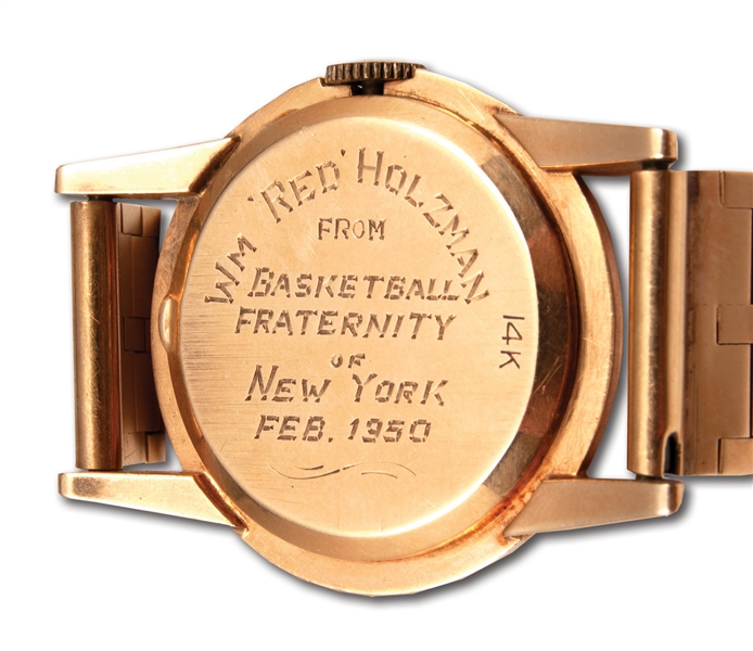 RED HOLZMANS 1950 "BASKETBALL FRATERNITY OF NEW YORK" LONGINES 14K GOLD WRISTWATCH (HOLZMAN COLLECTION)