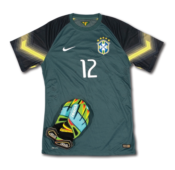 JULIO CESAR 2010 FIFA WORLD CUP MATCH WORN GOALIE GLOVES AND 2014 PRE-WORLD CUP MATCH WORN BRAZIL #12 GOALIE JERSEY (LOA FROM BRAZIL KITMANS SON)
