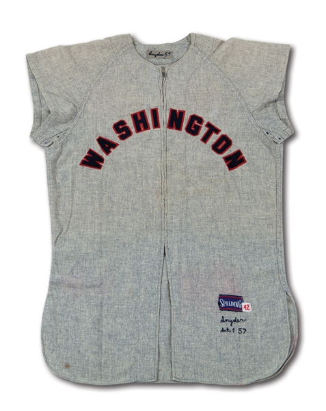 1957 JERRY SNYDER WASHINGTON SENATORS GAME WORN ROAD JERSEY (MEARS A10, EX-MICKEL COLLECTION)