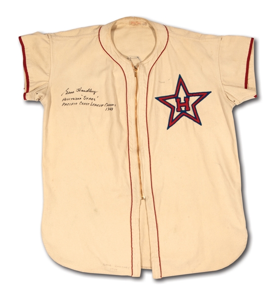 1949 GENE HANDLEY SIGNED & INSCRIBED HOLLYWOOD STARS (PCL CHAMPIONS) GAME WORN #4 HOME JERSEY (EX-DOBBINS COLLECTION)