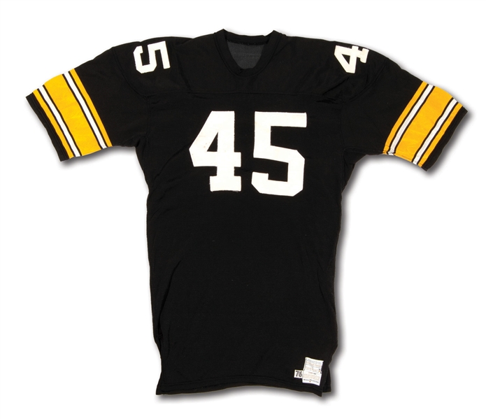 C. 1976-80 JIMMY ALLEN / RUSSELL DAVIS PITTSBURGH STEELERS GAME WORN #45 HOME JERSEY - POUNDED WITH USE (STEELERS CERT.)