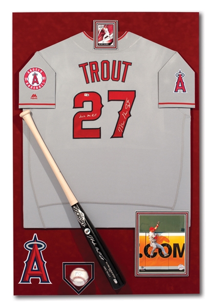 MIKE TROUT AUTOGRAPHED SHADOWBOX DISPLAY WITH FULL NAME ("NELSON") SIGNED PRO MODEL BAT & TEAM ISSUED ANGELS JERSEY ("2012 AL ROY") AND ROOKIE YEAR SINGLE SIGNED OML BALL (ALL MLB AUTH.)